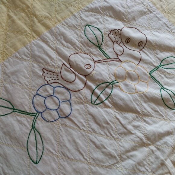 Vintage Handmade Quilt 64" by 42 1/4" Country Children Dancing Birds Embroidered - Picture 8 of 14